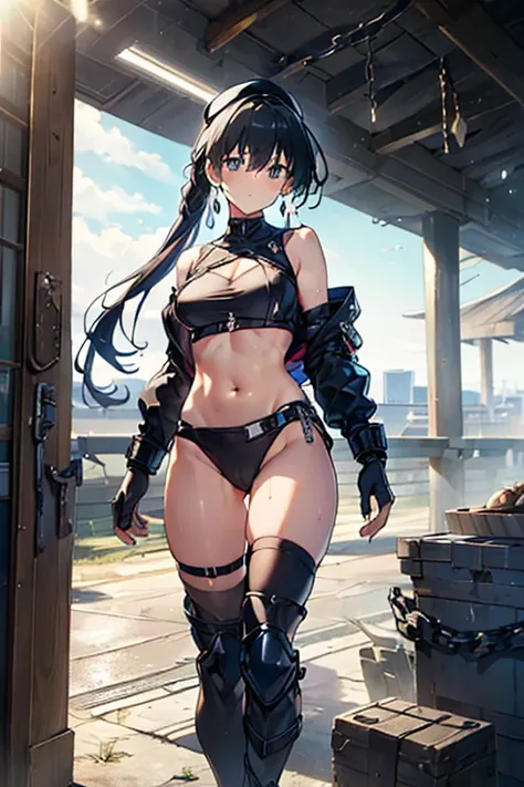 thynasha, 18yo girl Dark blue hair,long hair,ponytail,hair between eyes,bangs,outdoors,cityscape,standing,armor best,assault rifle,camouflage,holding weapon,load bearing vest,saide backpack,full body,best quality,masterpiece,highres,official art,extremely ...