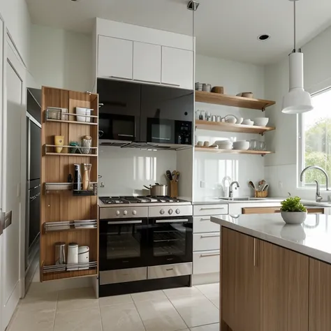 Kitchen decorated with Modern custom furniture: Linhas retas e minimalistas, cores neutras como branco, preto e cinza, stainless steel appliances, bancada de granito ou silestone.
lighting: lighting natural e artificial bem planejada, pendant lights over t...