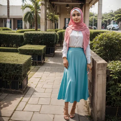 Sweet beautiful Bogor city girl, georgeus face, 22 years old, slim body, wavy hairs, wearing hijab, wearing long skirt, weariing higih heels, realistic, very detail,