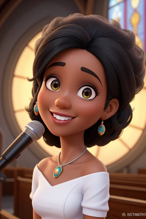 Uma mulher negra de 40 anos, com cabelos castanhos, Rosto fino, com sorriso encantador, segurando um microfone, na igreja, e olhos castanhos, estilo Disney pixar, com cores brilhantes