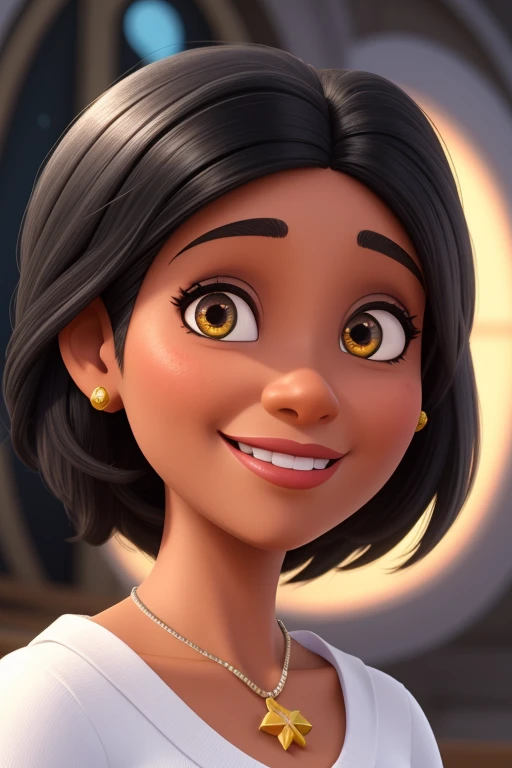 Uma mulher negra de 40 anos, com cabelos castanhos, Rosto fino, com sorriso encantador, segurando um microfone, na igreja, e olhos castanhos, estilo Disney pixar, com cores brilhantes