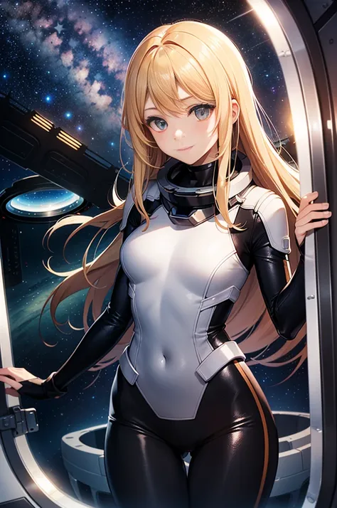 (masterpiece, best quality:1.2), (cowboy shot:1.1), solo, 1girl, mori yuki, slight smile, closed mouth, side view, looking at viewer, blonde hair, long hair, thigh gap, yellow bodysuit, skin-tight, perfect body, large window, (starship porthole:1.3), (spre...