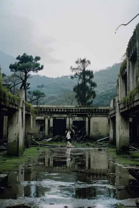 amusement park,moss,Collapse,Devastation,Inside the ruins is narrow,Showa,Glasses,Women,adventure,Black and White,