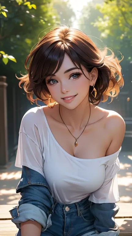 (Best quality,ultra detailed,photorealistic:1.37),bright and rich colors,studio lighting,playful and smiling expression of a beautiful face,stylish makeup, short denim shorts,hair fluttering in the wind,alluring smiling eyes, (((short T-shirt with a deep n...