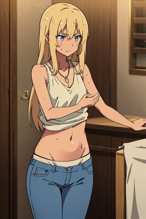 tan skinned anime woman wearing a cami top and jeans, famished in hunger, (necklace), (gently resting hands on stomach), (sweating), (long hair), (hands on stomach)