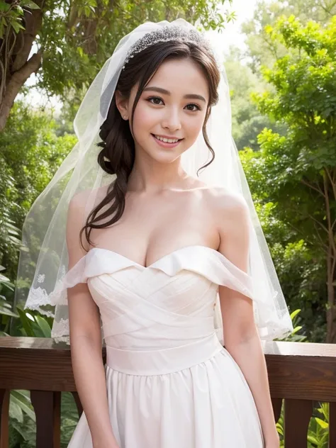 Young girl in wedding dress and updo, Off-shoulder neckline, and a long veil. her face is young and innocent, small breasts. She looks at the camera with a playful expression. Detailed artwork with vivid illustrations, Realistic colors, Capture every detai...