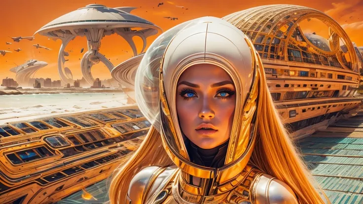 arafed image of a white woman in a futuristic suit with a spaceship in the background, movie art, in front of an orange background, inspired by Robert McGinnis, female protagonist, megastructure in the background, portrait of an ai astronaut, astronauts, a...