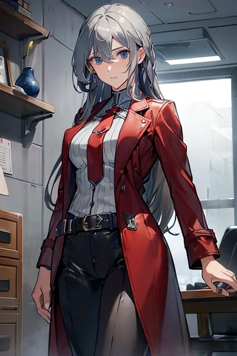 (mature woman１name), (gray hair, long hair:1.3), blue colored eyes, (medium breasts), (red leather long coat), belt, pants, office, masterpiece, high quality, ((masturbation:1.6, touch pussy))