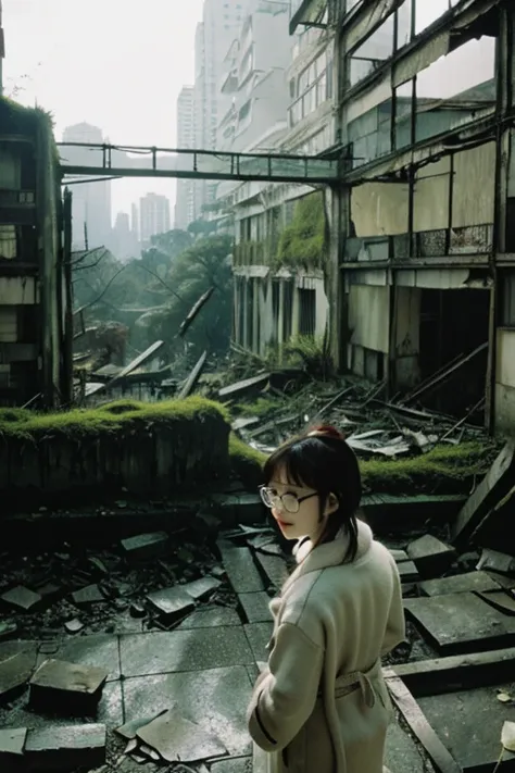 City,moss,Collapse,Devastation,Inside the ruins is narrow,Showa,Glasses,Women,adventure,Black and White,