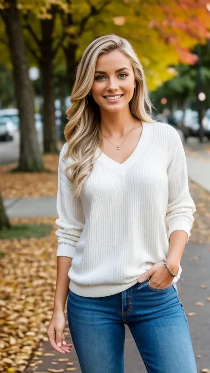 Hyper-realistic and detailed full body photo of a young beautiful smiling blonde woman dressed in a trendy casual autumn outfit. ojos perfectos, (maquillaje de ojo:1.1), (piel muy detallada:1.1), crudo, analog style, sharp focus, 8k hd, DSLR, alta calidad,...