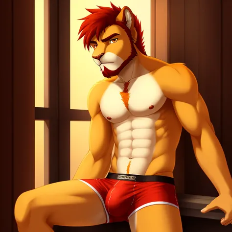 masterpiece, solo, furry red lion, red fur, white facial hair, short hair, orange eyes, teen, shirtless, tight yellow boxer shorts, sensual, sexy, handsome, beautiful body, bulge, serious face, in the savannah