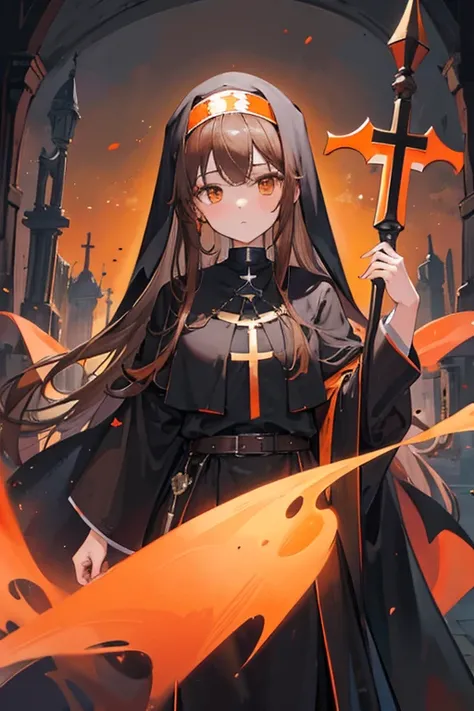 (masterpiece, best quality), 1girl, long brown hair, orange ombre, orange eyes, black clerical robes, holding a cross-staff, black nun headdress