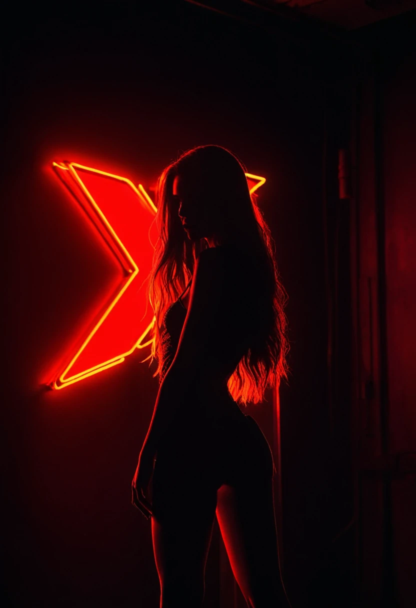 A silhouette of a young woman with long hair, standing in front of a glowing crimson red neon sign, casting a dramatic shadow against the dark background. The neon light illuminates her figure, creating a striking contrast and an edgy, mysterious atmospher...