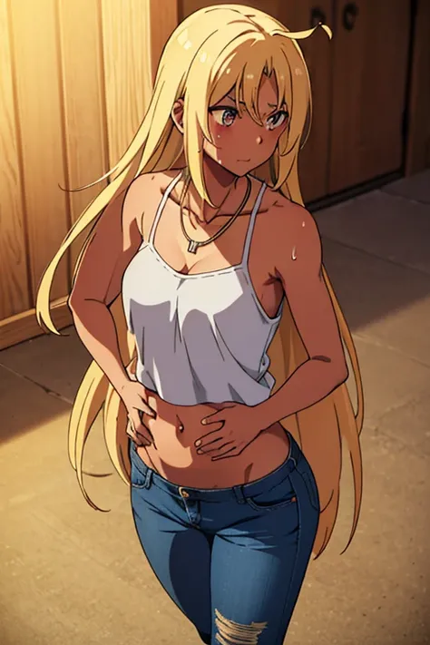 tan skinned anime woman wearing a cami top and jeans, famished in hunger, (necklace), (gently resting hands on stomach), (sweating) (long hair), (hands on stomach)