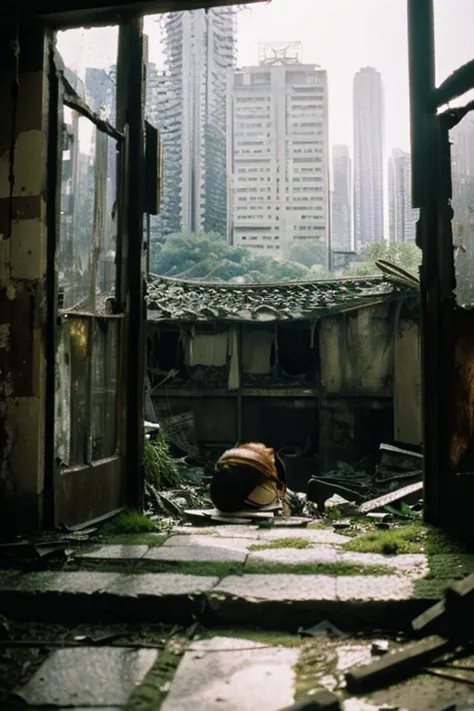 City,moss,Collapse,Devastation,Inside the ruins is narrow,Showa,Glasses,Women,adventure,Black and White,