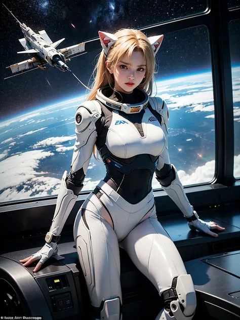 Unbeatable masterpiece, Ultra photo realsisim, Perfect Artwork, Intricate details, Best Quality, strong lights , High contrast, Dynamic Pose, Dutch Angle , Solo , Large breasts , 1girll , 12ear old, (space suits:1.1) ,Staravia , Floating hair , Science fic...