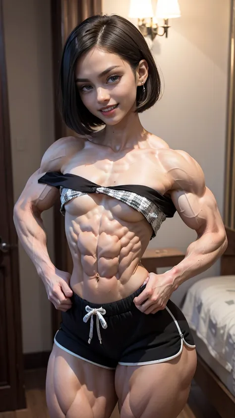 (Muscular:1.4), (thick muscular thighs, wide hips:2.3), (caucasian female, jet black hair, bob cut:1.5), adult, (glasses), earrings, eyeshadow, lipstick, bokeh, (nose freckles:1.5), (upper body view), (striations), (hard nipples:1.2), (small breasts:2.5), ...