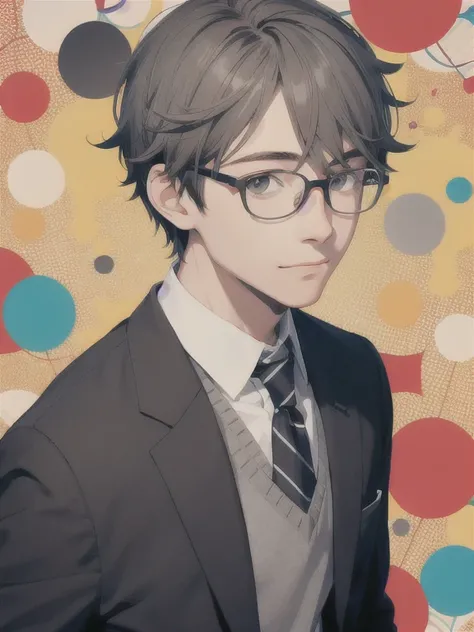 illustration style, atractive boy, grey eyes, cute,nerd,glasses,blushing, high school student,teen clothes,colorful