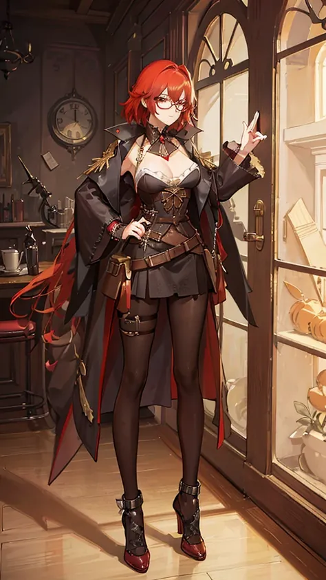 best quality, masterpiece, dark_red_hair, steampunk_dark_glasses, imperial_steampunk_dress, looking_up, upper_body, hair_strand, tanned_skin, short_hair, fantasy_steampunk_spear_in_one_hand, arrogant_smile,
