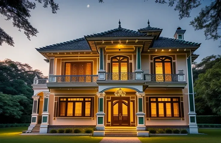 A breathtaking image of a big mansion sitting atop a hill during tempos atuais (contemporary times). The mansion, bathed in the soft glow of the moonlight, exudes an aura of grandeur and elegance. The windows sparkle with reflections of the night sky, and ...