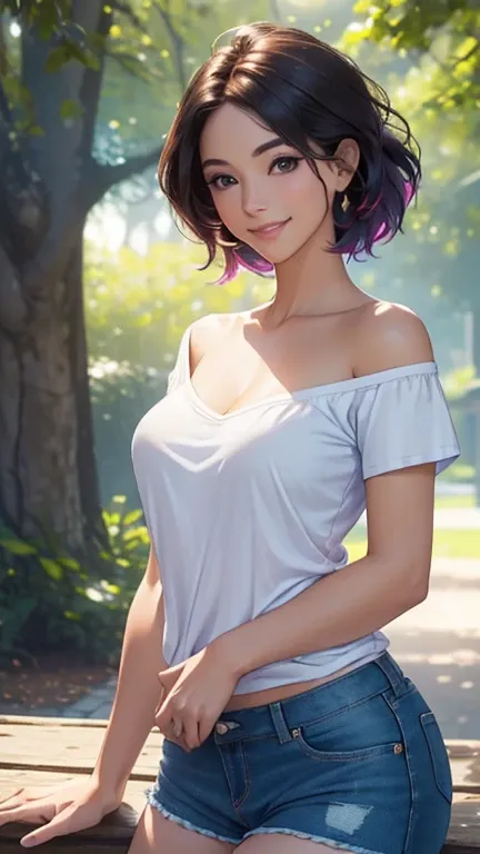 (Best quality,ultra detailed,photorealistic:1.37),bright and rich colors,studio lighting,playful and smiling expression of a beautiful face,stylish makeup, short denim shorts,hair fluttering in the wind,alluring smiling eyes, (((short T-shirt with a deep n...