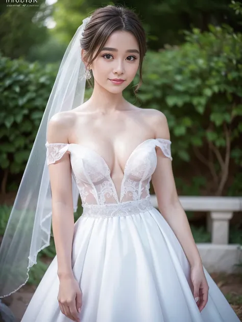 Young girl in wedding dress and updo, Off-shoulder neckline, and a long veil. her face is young and innocent, small breasts. She looks at the camera with a playful expression. Detailed artwork with vivid illustrations, Realistic colors, Capture every detai...