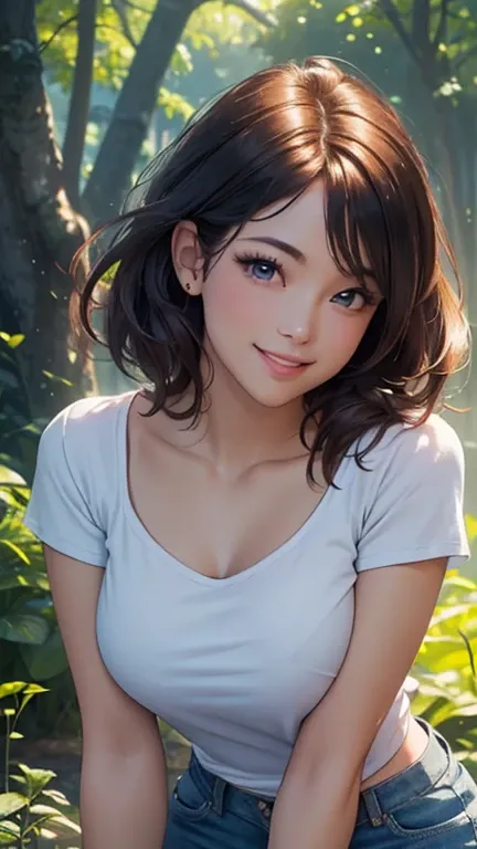 (Best quality,ultra detailed,photorealistic:1.37),bright and rich colors,studio lighting,playful and smiling expression of a beautiful face,stylish makeup, short denim shorts,hair fluttering in the wind,alluring smiling eyes, (((short T-shirt with a deep n...