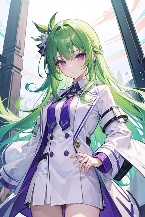 (masterpiece, best quality), 1girl, long green hair, purple eyes, white lab coat, 