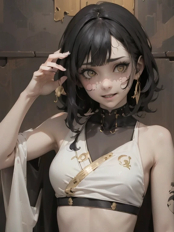 (High resolution), (Ultra delicate), (clear), Realistic，((A girl with black hair and gold inner color)).((cyber punk)），face，Skin realism、A fusion of Japanese style and the near future、white hot pants、Black pupil、creepy appearance, Unique atmosphere、The end...