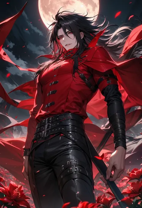 absurdres, highres, ultra detailed, HDR, master piece, best quality, Vincent Valentine, long black hair, Final Fantasy Dirge Of Cerberus, expressive red eyes, black leather pants, solo, sexy man, handsome, moon, red lilies, red petals