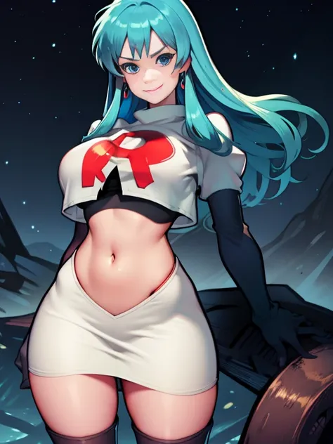 eirika, team rocket, team rocket uniform, red letter r, white skirt,white crop top,black thigh-high boots, black elbow gloves, e...