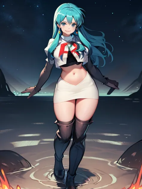 eirika, team rocket, team rocket uniform, red letter r, white skirt,white crop top,black thigh-high boots, black elbow gloves, e...