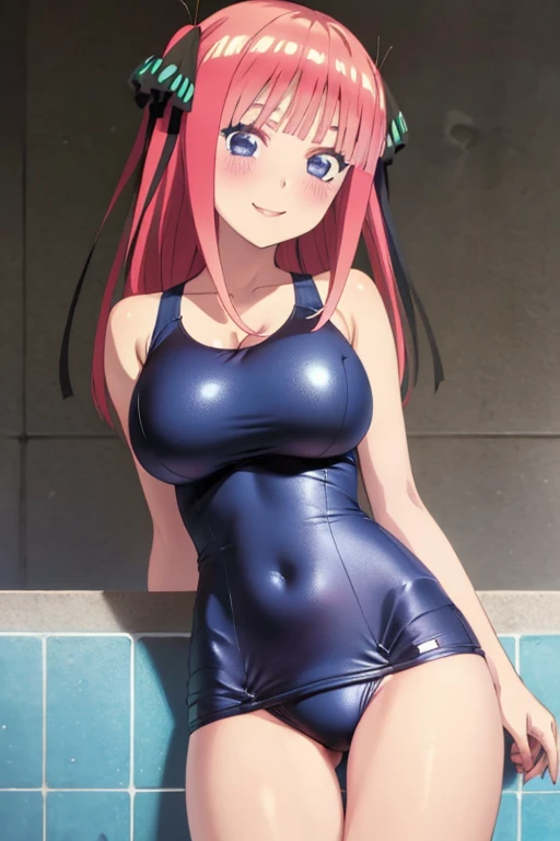 best quality, ultra-detailed masterpiece, anime art style, cute characters, nino nakano, one-piece swimsuit, large breasts, blush, smile