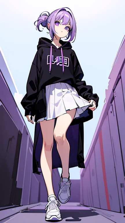 Light purple hair、Purple Eyes、Hair up to the shoulders、Black hoodie、White Skirt、sneakers、whole body、Character portrait、It has passed、White background