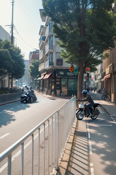 There is a motorcycle parked on the side of the road, Photos of city streets, Street Level Landscape, small town surrounding, city street view background, in the middle of the city, street top view, Photo showing, Shot with Leica SL2, Street corner, On the...