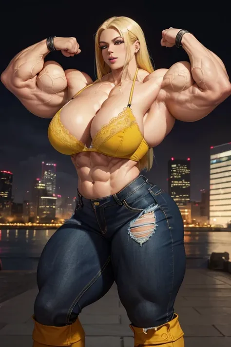 (((((Massive tall, beautiful, buff, light brown skinned muscular woman with yellow hair, black lipstick, ginormous bulky muscles, flexing muscles and wearing a yellow lace bra with tight denim shorts))))), close view, massive muscle, massive biceps, hyper ...