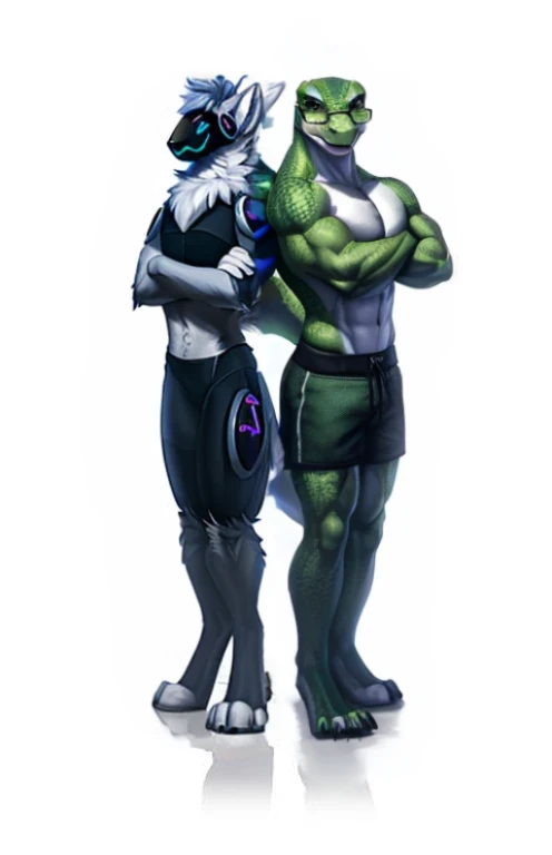 , (((A green anthropomorphic lizard with glasses and  flexing his muscles  and is shirtless wearing black and green shorts and good lighting standing back to back against someone else with his arms crossed looking at the viewer taller than the other person...