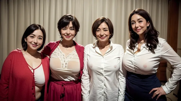 (((Japan&#39;The three most beautiful mothers take a group photo)))、Cada uno tiene diferentes tipos y estilos de cabello., pero son hermosos.、((Todo el mundo es obsceno，Los pechos son demasiado grandes..))、Diferentes posturas、All wearing white camisas、cami...