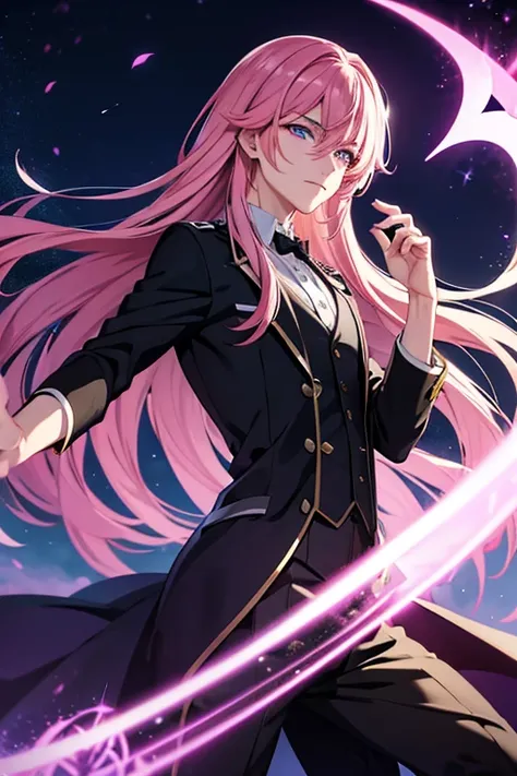 A handsome pink haired man with violet eyes with long hair in a magical student is spinning a scythe at night