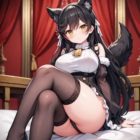 Atago, sit in the beth,black tighs,,black panties,crossed legs fluffy ears ,withe dress black hair,large breast,sexy , yellow eyes, fluffy black tail,sexy pose.