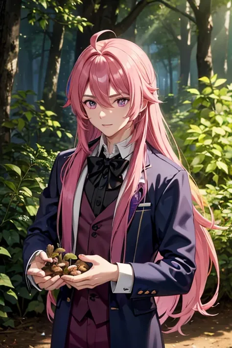 A handsome pink haired man with violet eyes with long hair in a magical student is picking mushrooms in the forest