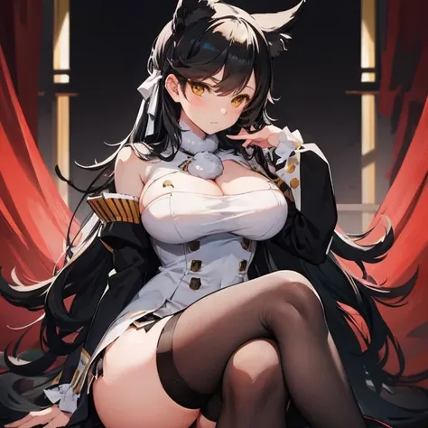 Atago, sit in the beth,black tighs,,black panties,crossed legs fluffy ears ,withe dress black hair,large breast,sexy , yellow eyes, fluffy black tail,sexy pose.