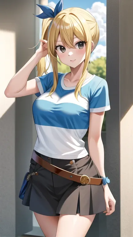 Obra maestra, mejor calidad, high resolution, Lucy Heartfilia, pelo rubio, pelo largo, pechos grandes, Camisa blanca, sin mangas, belt, falda azul, tiro de vaquero, de pie, mirando al espectador, al aire libre