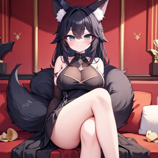 Only adult girl,anime fox girl,animal ears,fox ears,black hair,middle hair,medium hair,mushroom hair style,aquamarine green eyes,smile,large breast,beatifull breast, ,smiley mouth,black dress,middle dress,fox tail,long tail,fluffy tail, thigs,black legs,cr...