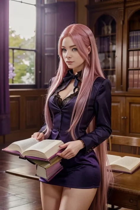 A handsome pink haired man with violet eyes with long hair in a magical student is studying with a pink haired female witch with violet eyes with an hourglass figure in the library
