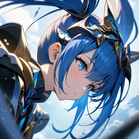 High quality, high definition, hig
h precision images,8k 1 Girl Robot Girl、Blue hair,Twin tails,blue eyes(,Flying in the sky),Leaning forward Head decoration、With a White and blue, spear,Blue and white clothing,Hes wearing flashy robot armor...(Full body p...