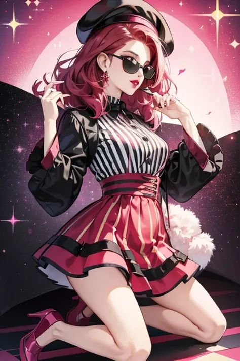 She is a magenta with purple lips and red hair. She wears a striped black and white dress, red high heeled shoes, a black beret, and sunglasses. In her preliminary colors, she was bright pink with red lips and shoes, and her hair was black. SPARKLE; GLITTE...