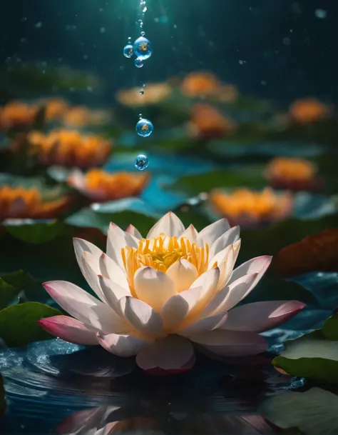 (((masterpiece))), (((best quality))), ((Super detailed)), ((Extremely subtle)),Movie Lighting,((Underwater)), Full of lotus flowers, ((A water bottle is jogging)), Water Ripples，bubble，Sun, moon and stars，Buddha&#39;s light