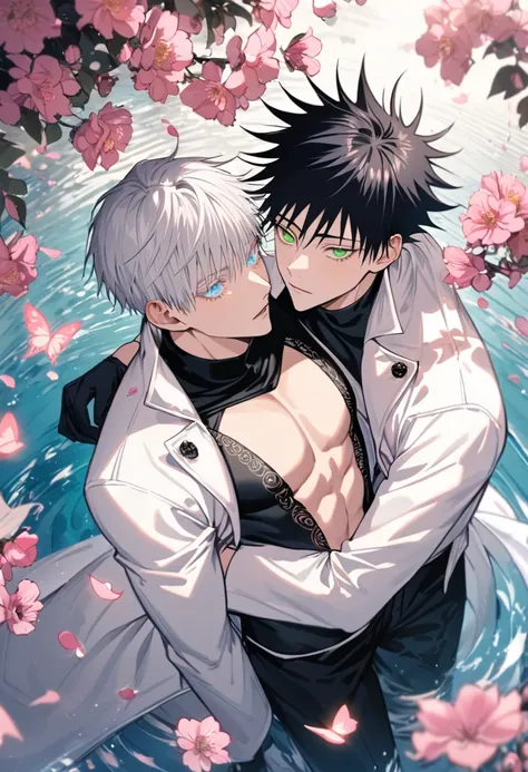 Ultra detailed, Highres, absurdres, Fushiguro Megumi, black hair, green eyes, Gojou Satoru,white hair with bangs, blue eyes, white eyelashes, white long coat with patterns, Jujutsu Kaisen, pink flowers, petals, extremely handsome, 2 sexy men together, gay ...