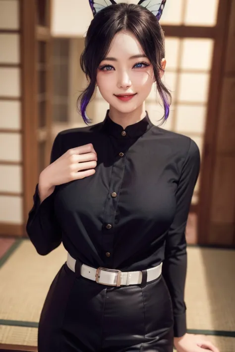 kochou shinobu, multicolored hair, no bangs, hair intakes, purple eyes, forehead, black shirt, nipple marks:1.4 black pants, hao...